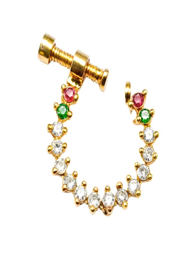 ZEELLO AD Studded Gold Plated Non-Piercing Screw Press Pressing Type Clip on Pearl Artificial Nosering For Women Girls, Maharashtrian Nath (Antique) - Image 1