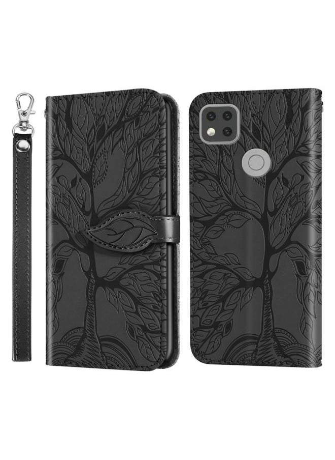 HuHa Case Cover For Xiaomi Redmi 9C Life of Tree Embossing Pattern Horizontal Flip Leather Case with Holder & Card Slot & Wallet & Photo Frame & Lanyard Black 