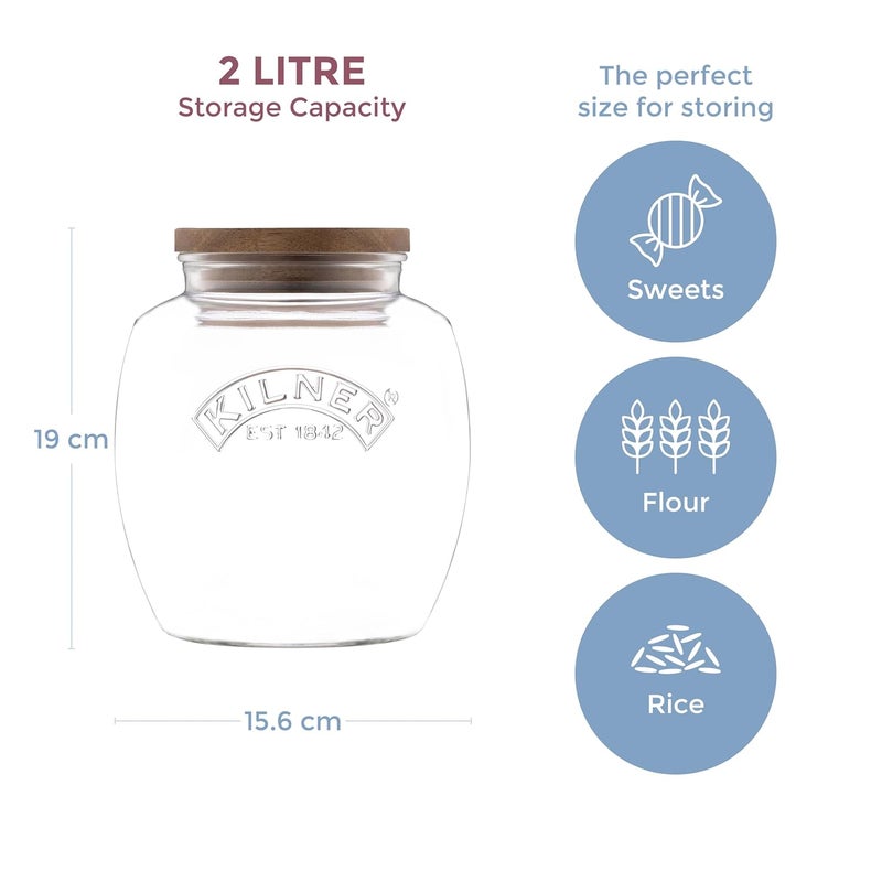 Kilner Universal Jar Wooden Lid 2 Litre Glass Food Container With Silicone Seals Kitchen Pantry Storage For Dry Food Like Grains, Pasta And Cereals - Image 2