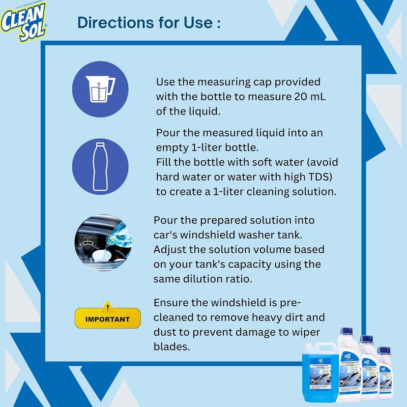 Cleansol سائل تنظيف زجاج السيارة من كلينسول بريميوم - 250 مل | سائل تنظيف زجاج السيارة - 20 مل يصنع 1 لتر | صيغة مضادة للتجمد | لمعان خالي من الخطوط | يشمل غطاء قياس - Image 5
