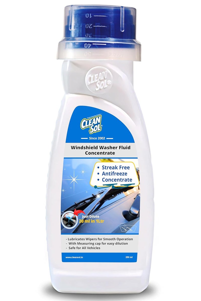 Cleansol سائل تنظيف زجاج السيارة من كلينسول بريميوم - 250 مل | سائل تنظيف زجاج السيارة - 20 مل يصنع 1 لتر | صيغة مضادة للتجمد | لمعان خالي من الخطوط | يشمل غطاء قياس - Image 1