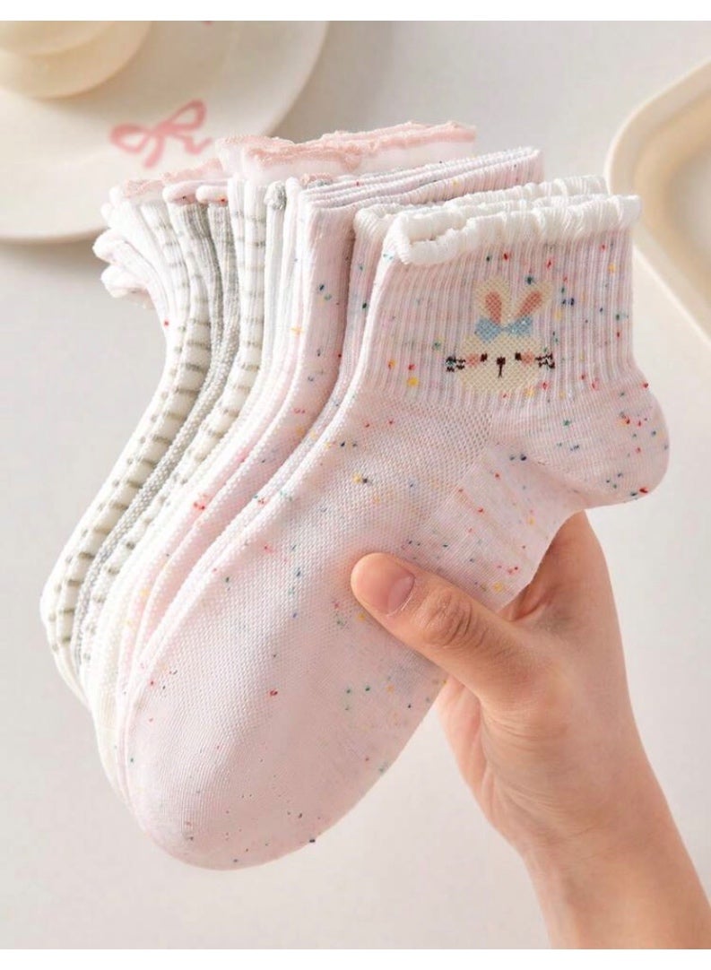 4 Pairs Women Cute Breathable Cartoon Rabbit Bow Pattern Ankle Socks, Invisible Boat Socks, White Socks, Pink Socks, Suitable For Casual Daily Wear, Random Colors, Suitable For Spring, Summer, Autumn And Winter