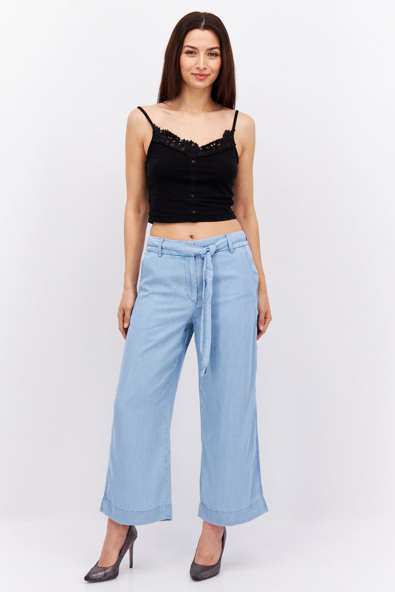 ESPRIT Women Plain Belted Wide Leg Pants, Blue - Image 1