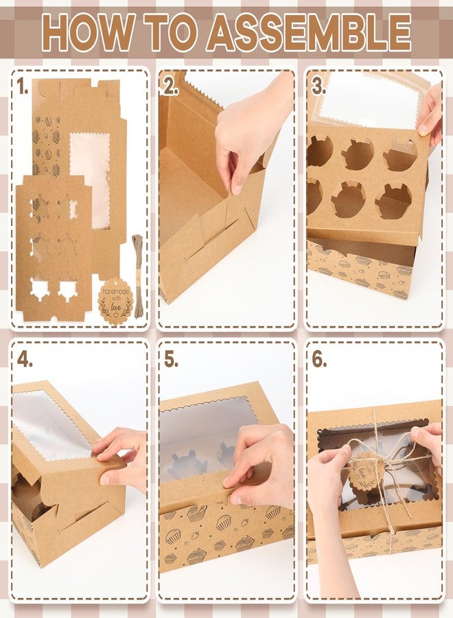 Chivertion 25 Pack 6 Count Cupcake Boxes with Insert Trays, Tags and Twine Bulk, Food Grade Kraft Bakery Muffin Boxes with Clear Window 10.5" x 7" x 3.25" Disposable Storage for Valentine Birthday Party - Image 4
