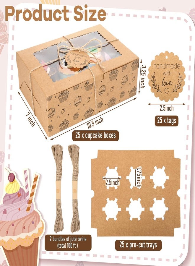 Chivertion 25 Pack 6 Count Cupcake Boxes with Insert Trays, Tags and Twine Bulk, Food Grade Kraft Bakery Muffin Boxes with Clear Window 10.5" x 7" x 3.25" Disposable Storage for Valentine Birthday Party - Image 2
