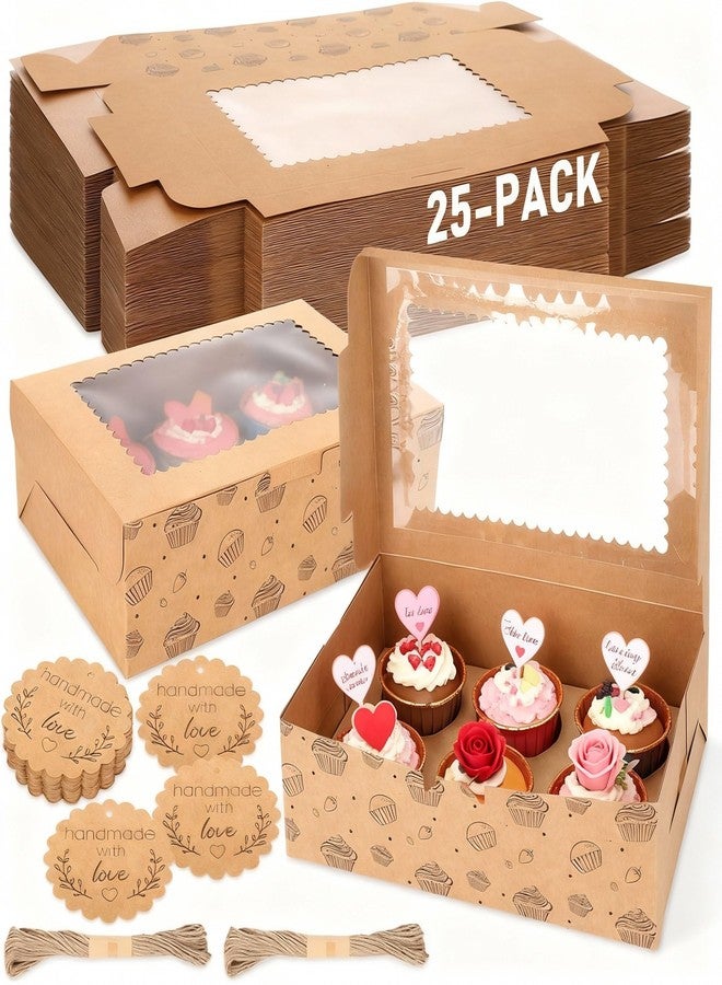 Chivertion 25 Pack 6 Count Cupcake Boxes with Insert Trays, Tags and Twine Bulk, Food Grade Kraft Bakery Muffin Boxes with Clear Window 10.5" x 7" x 3.25" Disposable Storage for Valentine Birthday Party - Image 1