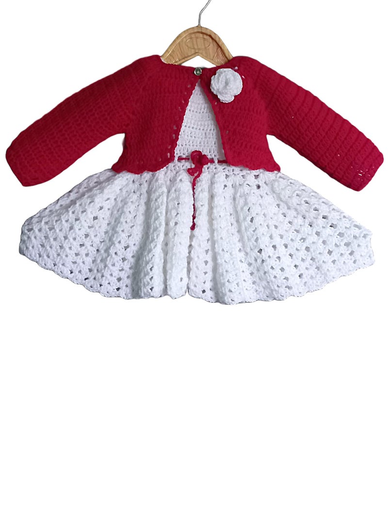 DORCHIS Woolen Frock Set for Baby Girl 6-12 Month - Frock Shrug Headband and Shoes Combo, White Red, Handmade with Crochet - Image 3
