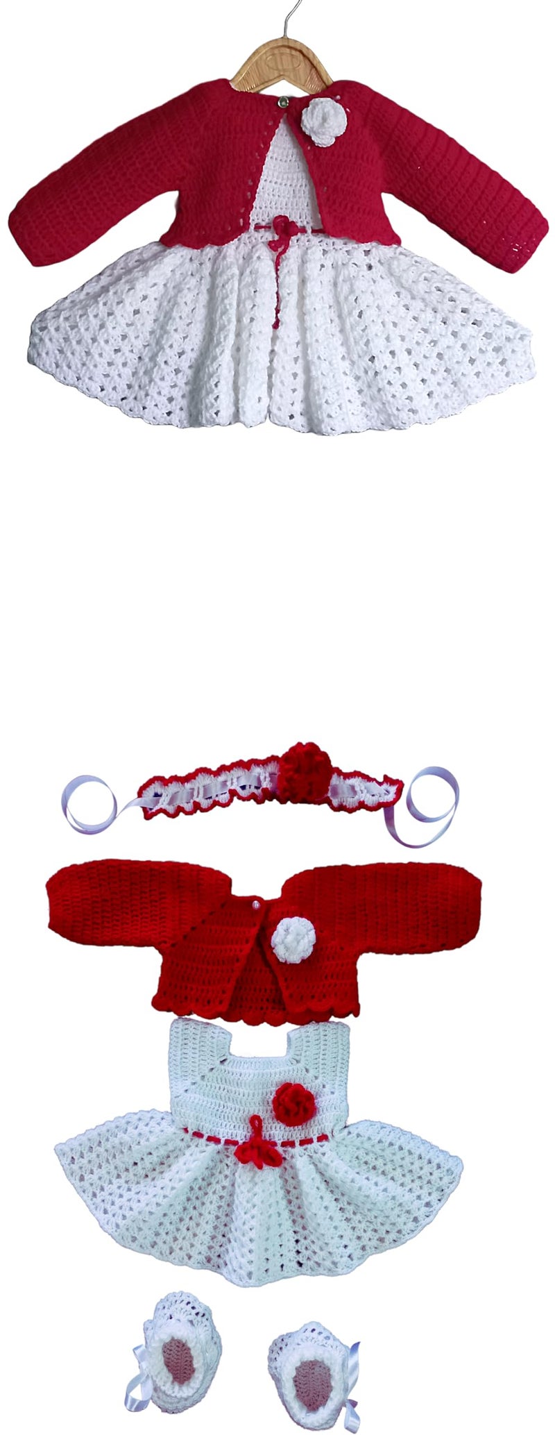 DORCHIS Woolen Frock Set for Baby Girl 6-12 Month - Frock Shrug Headband and Shoes Combo, White Red, Handmade with Crochet - Image 2