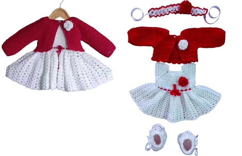 DORCHIS Woolen Frock Set for Baby Girl 6-12 Month - Frock Shrug Headband and Shoes Combo, White Red, Handmade with Crochet - Image 1