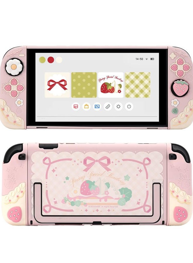GEEKSHARE Strawberry Protective Case Compatible with Switch 2, Slim Separable Soft Silicone Cover Shell with 2 Thumb Grip Caps for Switch 2025 Game Console & Joystick (Pink) - Image 1