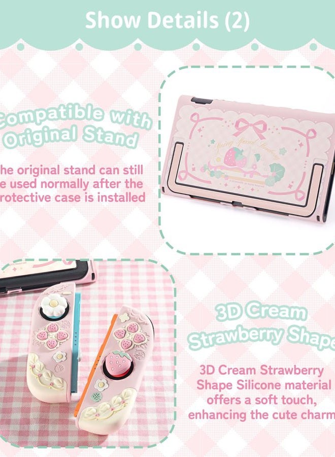 GEEKSHARE Strawberry Protective Case Compatible with Switch 2, Slim Separable Soft Silicone Cover Shell with 2 Thumb Grip Caps for Switch 2025 Game Console & Joystick (Pink) - Image 4
