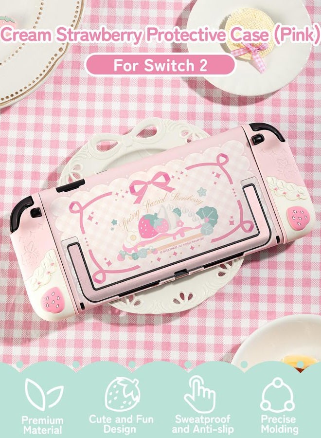 GEEKSHARE Strawberry Protective Case Compatible with Switch 2, Slim Separable Soft Silicone Cover Shell with 2 Thumb Grip Caps for Switch 2025 Game Console & Joystick (Pink) - Image 2