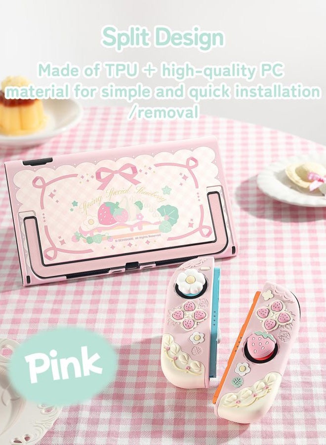 GEEKSHARE Strawberry Protective Case Compatible with Switch 2, Slim Separable Soft Silicone Cover Shell with 2 Thumb Grip Caps for Switch 2025 Game Console & Joystick (Pink) - Image 5