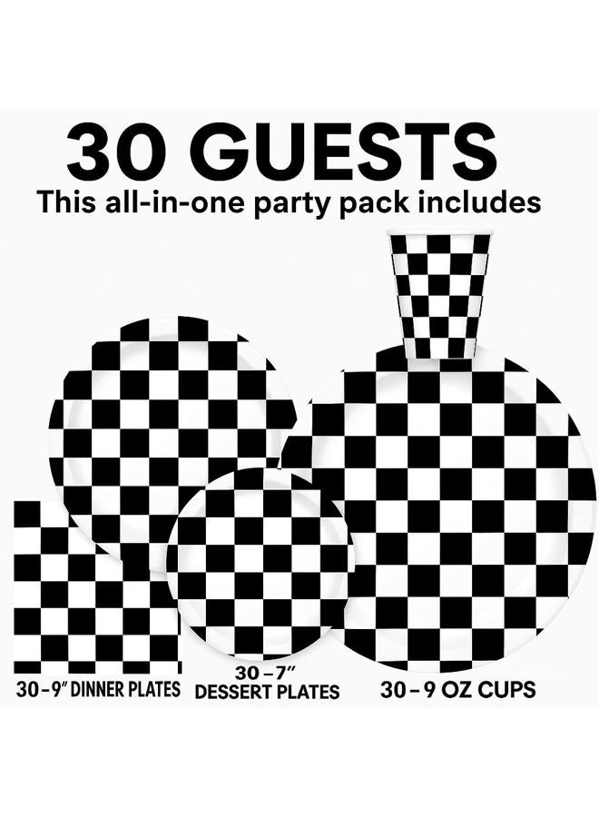 Oojami Serves 30 | Complete Party Pack | Black and White Checkered | 9" Dinner Paper Plates | 7" Dessert Paper Plates | 9 oz Cups | 3 Ply Napkins | Race Car Party Theme - Image 2