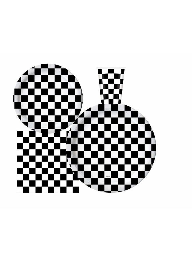 Oojami Serves 30 | Complete Party Pack | Black and White Checkered | 9" Dinner Paper Plates | 7" Dessert Paper Plates | 9 oz Cups | 3 Ply Napkins | Race Car Party Theme - Image 1