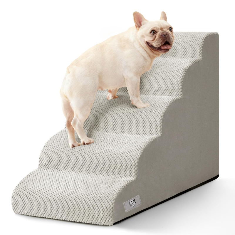 Airpanda 5 Step Dog Stairs for High Bed â€“ Pet Steps for Small Dogs, Non-Slip Dog Ramp with Washable Cover, Pet Ladder for High Beds,Light Grey - Image 1