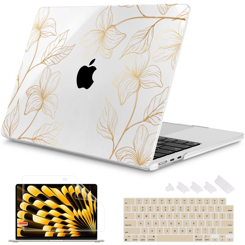 Mektron Designed For 2025/2024/2023 Macbook Air 15 Inch M4 A3241 /M3 A3114 /M2 A2941 Case  Printed Plastic Hard Shell Cover With 15.3 "" Liquid Retina Display Touch Id  Gold Flower S718 - Image 1