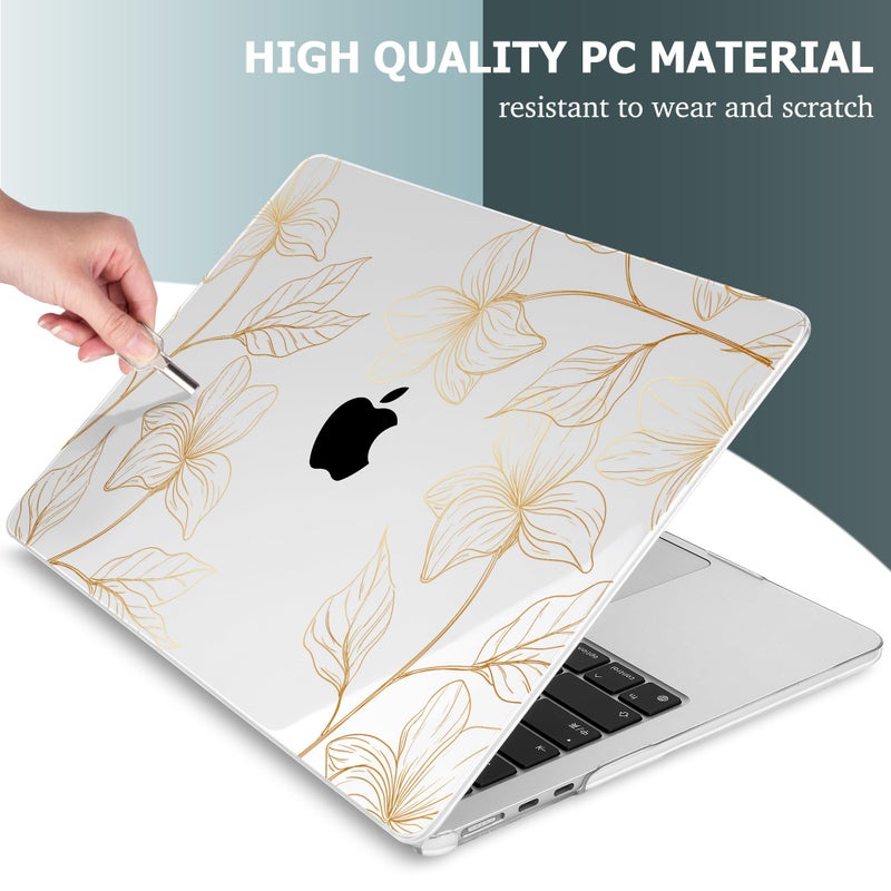Mektron Designed For 2025/2024/2023 Macbook Air 15 Inch M4 A3241 /M3 A3114 /M2 A2941 Case  Printed Plastic Hard Shell Cover With 15.3 "" Liquid Retina Display Touch Id  Gold Flower S718 - Image 4