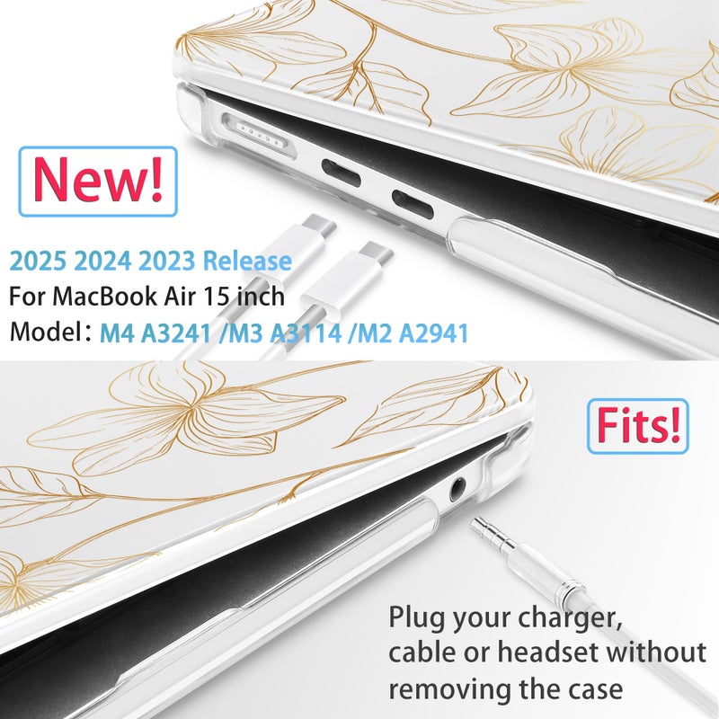 Mektron Designed For 2025/2024/2023 Macbook Air 15 Inch M4 A3241 /M3 A3114 /M2 A2941 Case  Printed Plastic Hard Shell Cover With 15.3 "" Liquid Retina Display Touch Id  Gold Flower S718 - Image 2