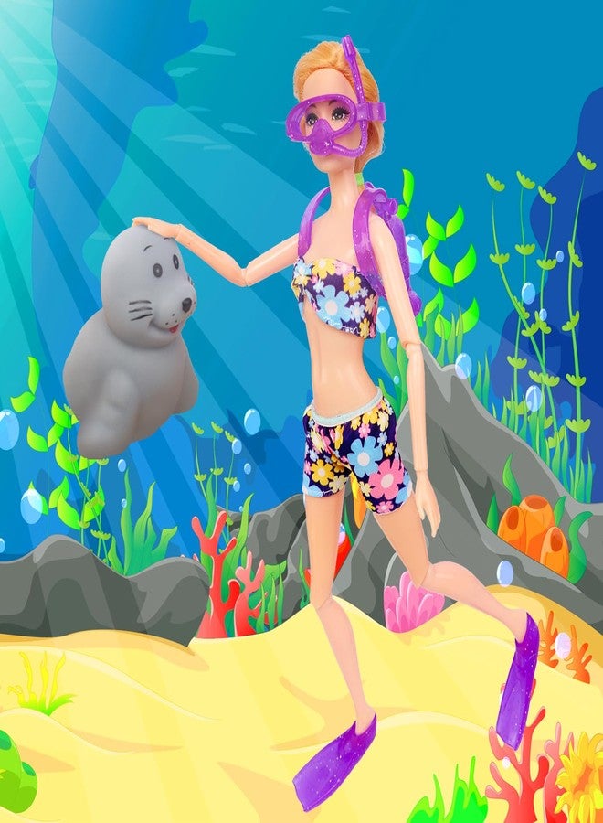 Ecore Fun 15 Items Doll Bathing Suits Pool Accessories Set for 11.5 inch Girl Dolls - 5 pcs Swimsuits, 5 Shoes, 2 Pool Floaties, 1 Set of 3 Diving Suit, 1 Toy Seal, 1 Surfboard - Image 5