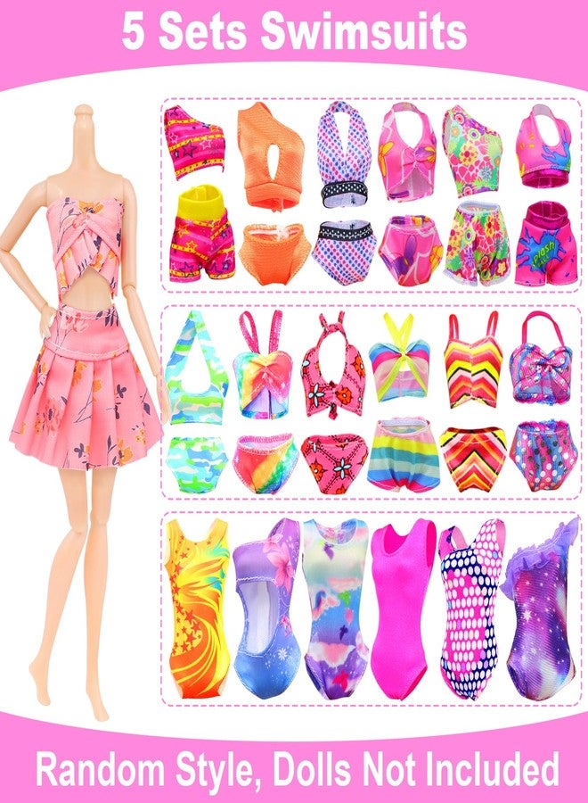 Ecore Fun 15 Items Doll Bathing Suits Pool Accessories Set for 11.5 inch Girl Dolls - 5 pcs Swimsuits, 5 Shoes, 2 Pool Floaties, 1 Set of 3 Diving Suit, 1 Toy Seal, 1 Surfboard - Image 2