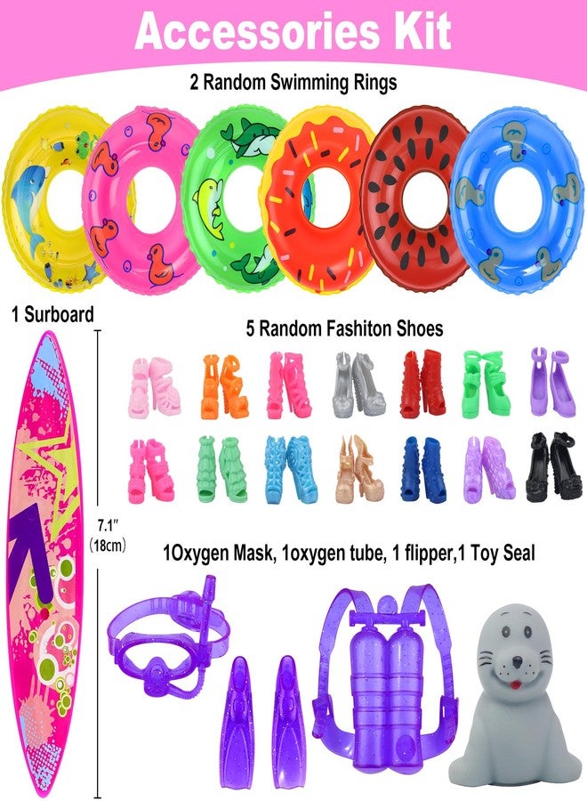 Ecore Fun 15 Items Doll Bathing Suits Pool Accessories Set for 11.5 inch Girl Dolls - 5 pcs Swimsuits, 5 Shoes, 2 Pool Floaties, 1 Set of 3 Diving Suit, 1 Toy Seal, 1 Surfboard - Image 3
