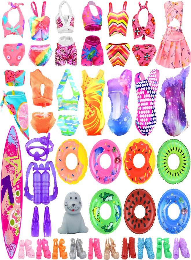 Ecore Fun 15 Items Doll Bathing Suits Pool Accessories Set for 11.5 inch Girl Dolls - 5 pcs Swimsuits, 5 Shoes, 2 Pool Floaties, 1 Set of 3 Diving Suit, 1 Toy Seal, 1 Surfboard - Image 1