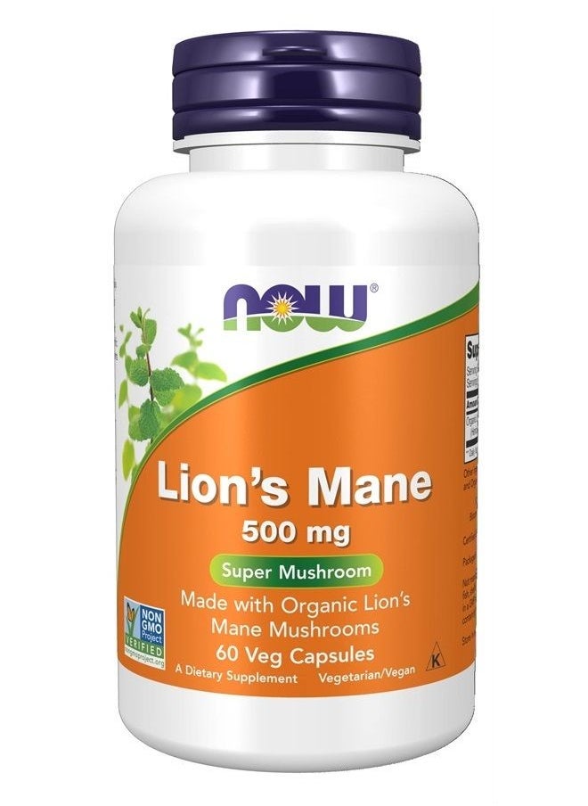 NOW Supplements Lion's Mane 500mg – Super Mushroom for Brain & Nerve Health – Made with Organic Fruiting Bodies – 60 Veg Capsules – Non-GMO, GMP Certified, Vegan-Friendly - Image 1