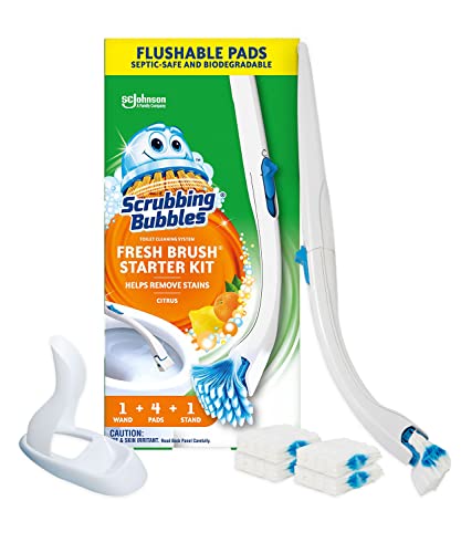 Scrubbing Bubbles نظام تنظيف وعاء المرحاض من سكربينغ بابلز مع وسادات إعادة تعبئة قابلة للشطف والتخلص منها، يقاوم الروائح ويساعد في إزالة الترسبات الكلسية وبقع المياه العسرة، برائحة الحمضيات، 1 عصا + 4 إعادة تعبئة + 1 قاعدة - Image 1
