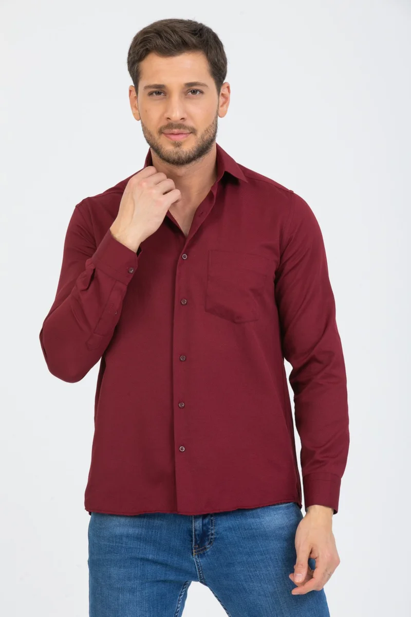 فاريتا Men's Claret Red Classic Cut Patterned Long Sleeve Shirt with Pocket