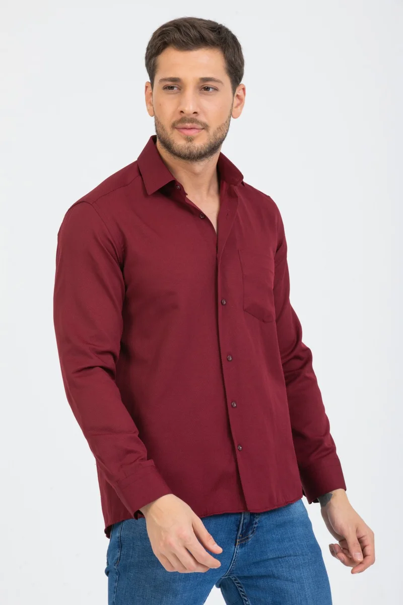 فاريتا Men's Claret Red Classic Cut Patterned Long Sleeve Shirt with Pocket