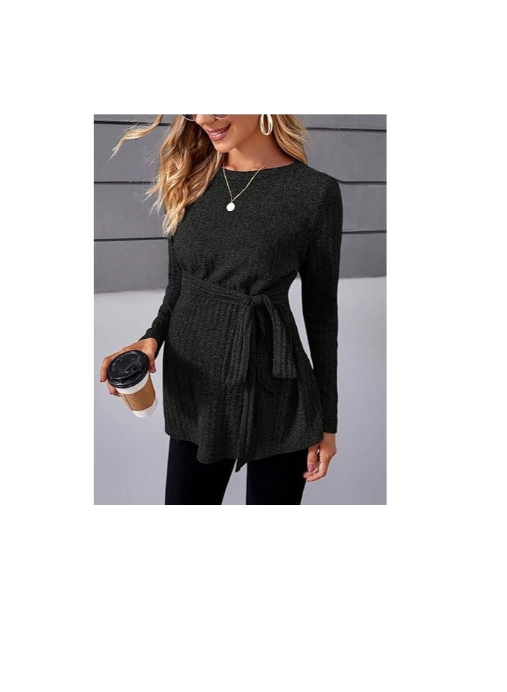 Women's Maternity Shirts Casual Long Sleeve Tie Front Ribbed Knit Pregnancy Tee Top - Image 3