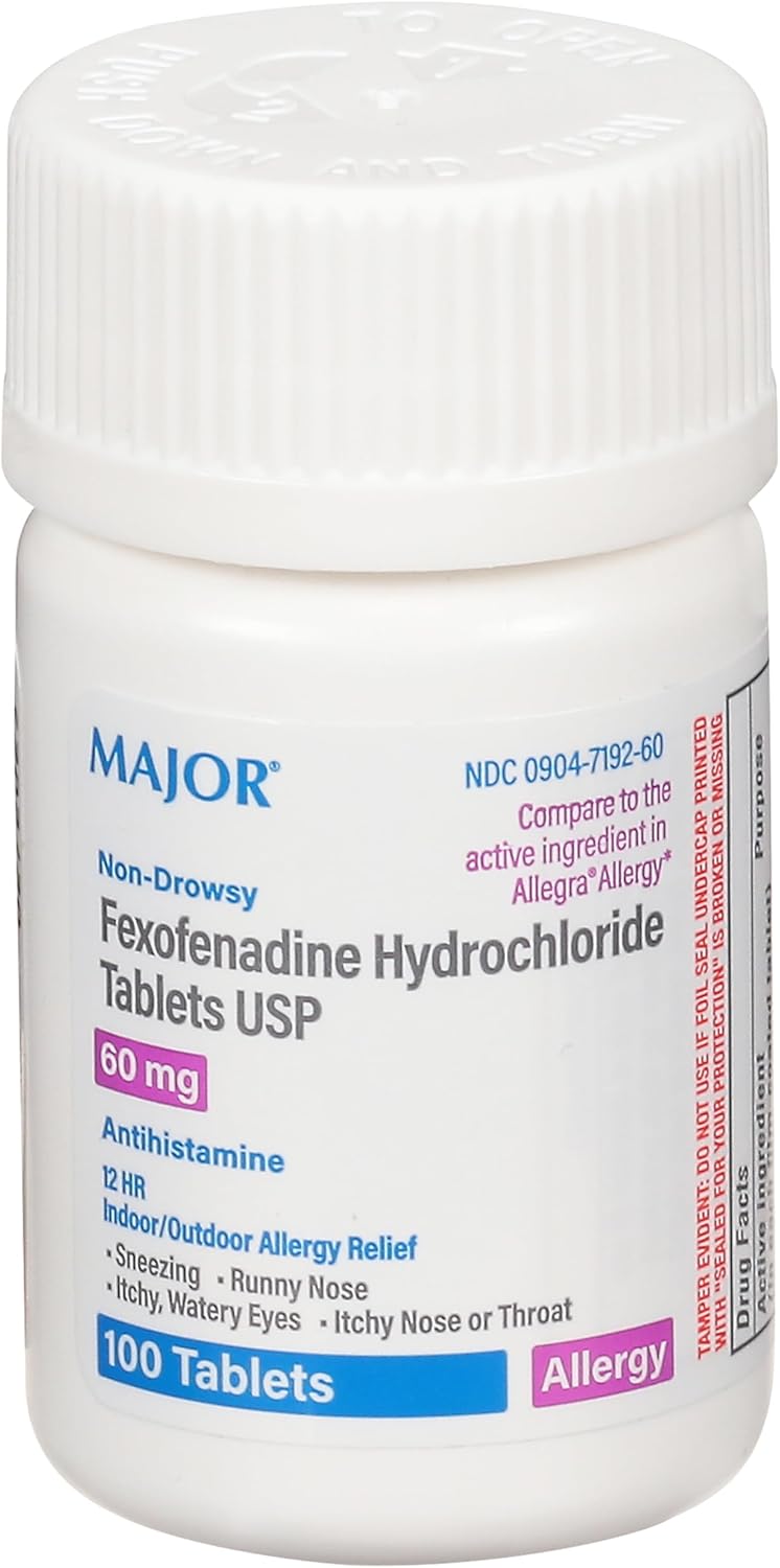 MAJOR Fexofenadine Hydrochloride Tablets USP 60 mg  NonDrowsy Allergy Medicine  Antihistamine  12 Hour IndoorOutdoor Allergy Relief  100 Tablets - Image 1