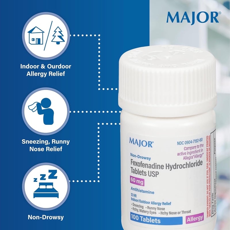 MAJOR Fexofenadine Hydrochloride Tablets USP 60 mg  NonDrowsy Allergy Medicine  Antihistamine  12 Hour IndoorOutdoor Allergy Relief  100 Tablets - Image 3