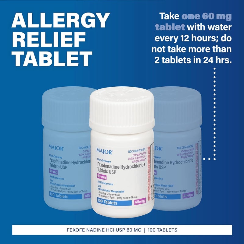 MAJOR Fexofenadine Hydrochloride Tablets USP 60 mg  NonDrowsy Allergy Medicine  Antihistamine  12 Hour IndoorOutdoor Allergy Relief  100 Tablets - Image 2