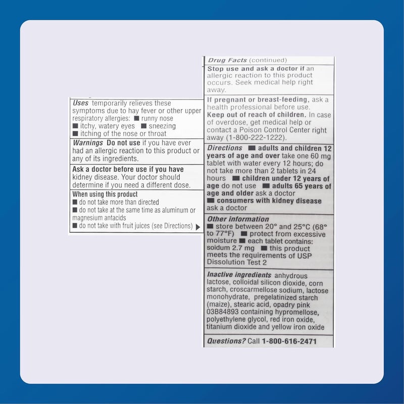 MAJOR Fexofenadine Hydrochloride Tablets USP 60 mg  NonDrowsy Allergy Medicine  Antihistamine  12 Hour IndoorOutdoor Allergy Relief  100 Tablets - Image 5