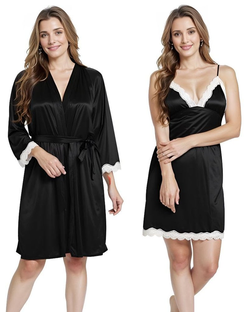 PNAEONG Satin Short Wedding Nighty for Women Bridal, Free Size, Black - Image 3