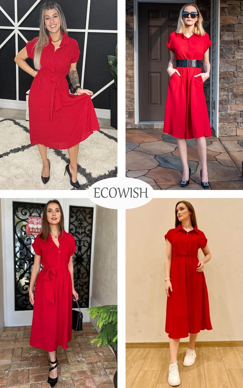 ECOWISH Womens Casual Midi Dresses Solid V Neck Short Sleeve Shirt Dress with Pockets for Spring Summer 2024 Red M - Image 4