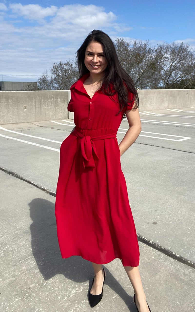 ECOWISH Womens Casual Midi Dresses Solid V Neck Short Sleeve Shirt Dress with Pockets for Spring Summer 2024 Red M - Image 3