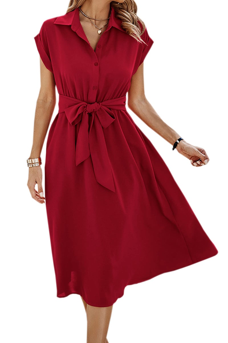 ECOWISH Womens Casual Midi Dresses Solid V Neck Short Sleeve Shirt Dress with Pockets for Spring Summer 2024 Red M - Image 1