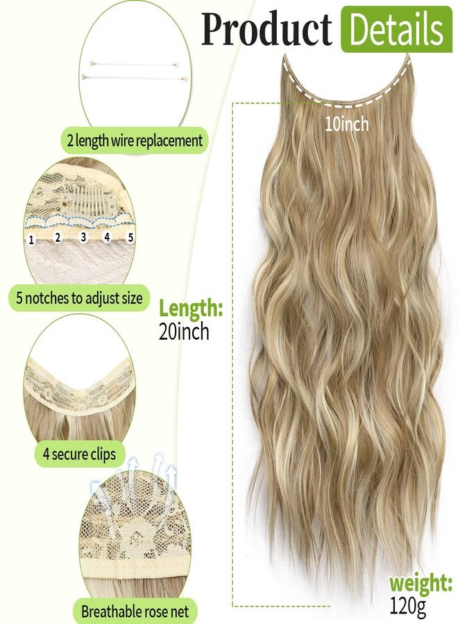 KooKaStyle Invisible Wire Hair Extensions with Transparent Wire Adjustable Size 4 Secure Clips Long Wavy Curly Secret Synthetic Hairpieces(20 Inch,Dark Ash Blonde mix Light Blonde Highlights) - Image 2
