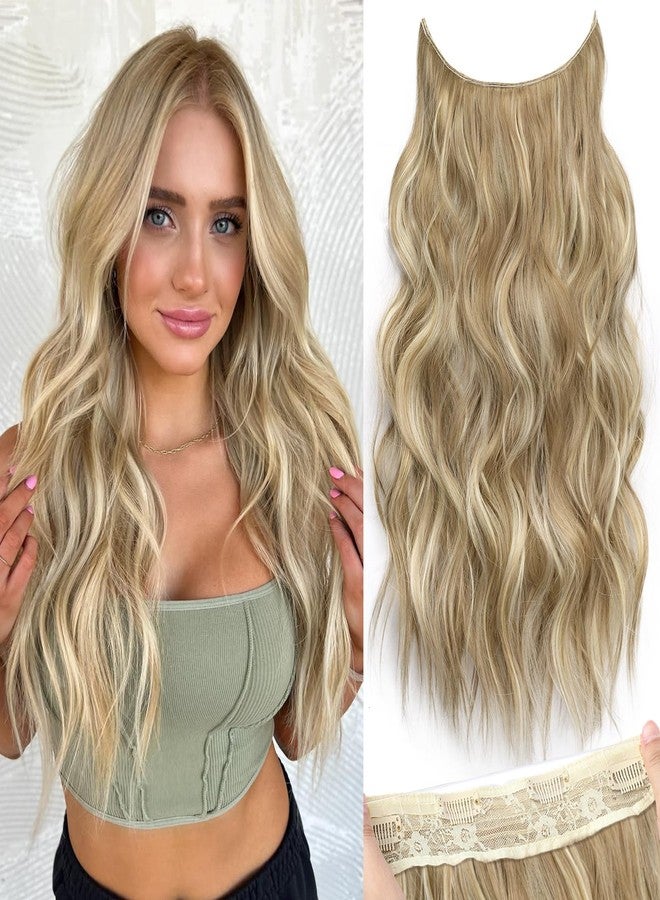 KooKaStyle Invisible Wire Hair Extensions with Transparent Wire Adjustable Size 4 Secure Clips Long Wavy Curly Secret Synthetic Hairpieces(20 Inch,Dark Ash Blonde mix Light Blonde Highlights) - Image 1