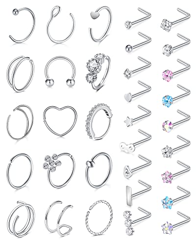 Incaton 33PC 20G Stainless Steel Nose Rings Hoops L Shaped Studs Screw Nose Piercings Jewelry for Women Men Silver Rose Gold Black Rainbow - Image 1