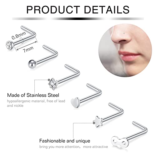 Incaton 33PC 20G Stainless Steel Nose Rings Hoops L Shaped Studs Screw Nose Piercings Jewelry for Women Men Silver Rose Gold Black Rainbow - Image 3