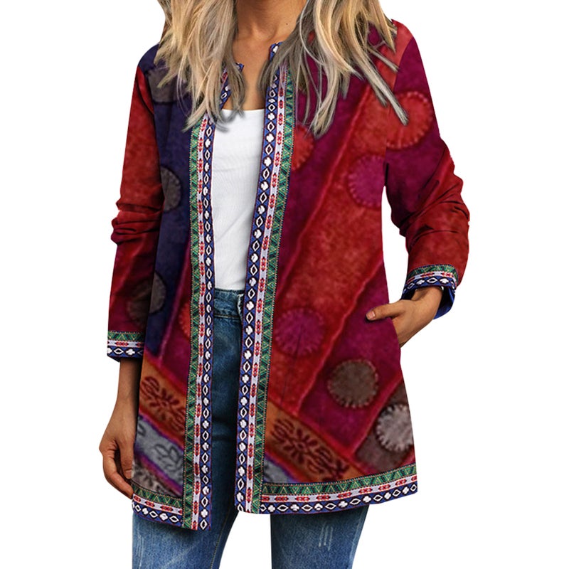 Vintage Jacket: Burgundy 3X-Large Unique Print Patterns - Open Front Relaxed Fit Side Pockets for Casual Daily Wear & Chic Outdoor Occasions - Image 1