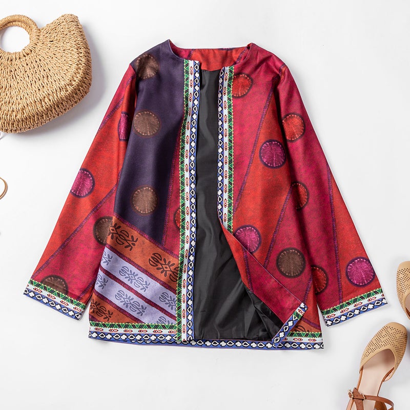 Vintage Jacket: Burgundy 3X-Large Unique Print Patterns - Open Front Relaxed Fit Side Pockets for Casual Daily Wear & Chic Outdoor Occasions - Image 3