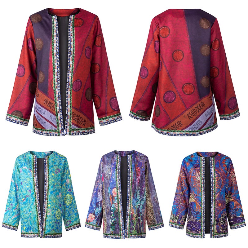 Vintage Jacket: Burgundy 3X-Large Unique Print Patterns - Open Front Relaxed Fit Side Pockets for Casual Daily Wear & Chic Outdoor Occasions - Image 5
