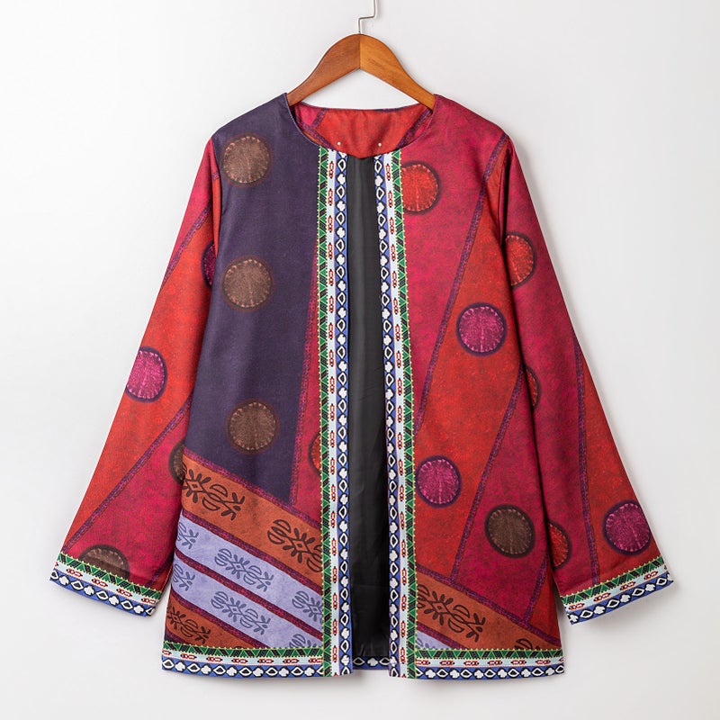 Vintage Jacket: Burgundy 3X-Large Unique Print Patterns - Open Front Relaxed Fit Side Pockets for Casual Daily Wear & Chic Outdoor Occasions - Image 2