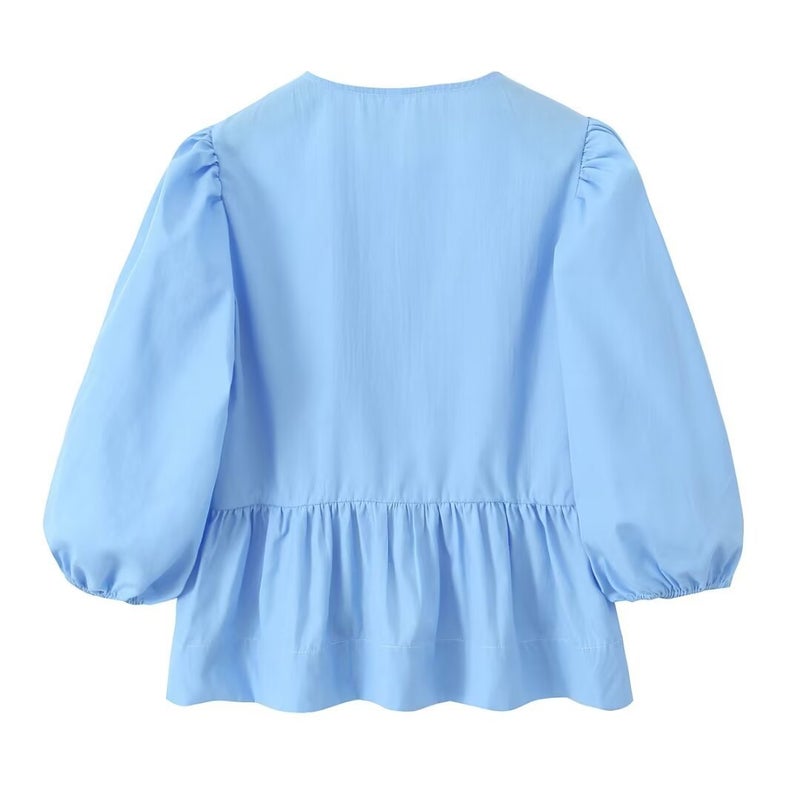 2024 cross-border Europe and the United States summer womens V-neck simple fresh loose versatile fashion long sleeve shirt women B15149 White - Image 5