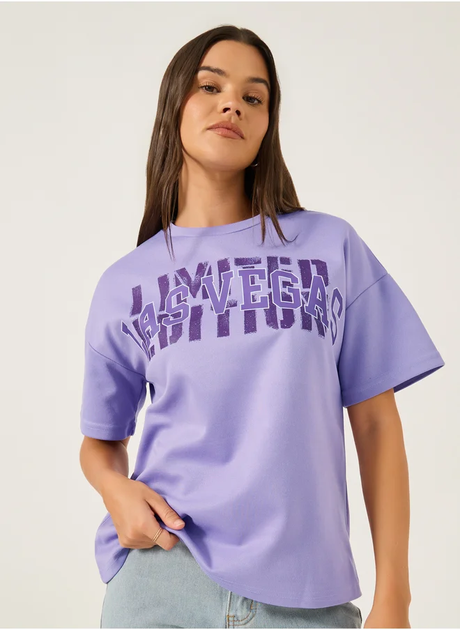 ستايلي Styli Slogan Print Short Sleeve Oversized T-Shirt